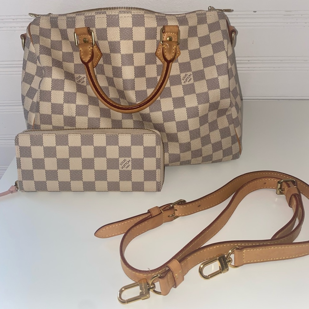 ⭐️Louis Vuitton Damier Azur Speedy Bandoulière 30 bag w/ Clémence zipper wallet